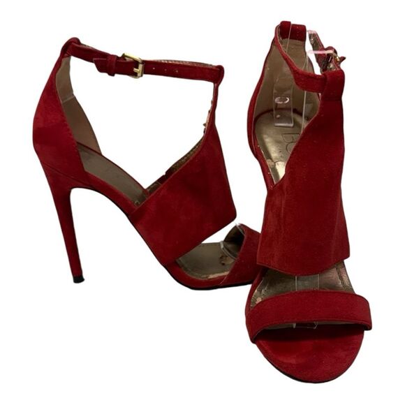 BCBG Max Azria Red Suede Strappy Stiletto Ankle Strap Heels Women's Size 8.5 - Picture 1 of 14